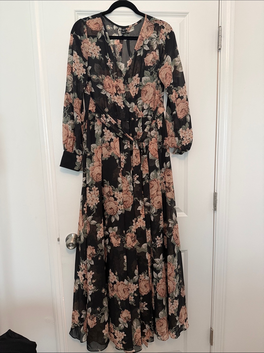 Windsor Black Maxi Wrap Dress with Peach Floral Print